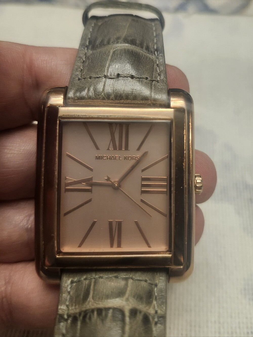 Michael Kors Rose Gold Square Dial Grey Crocodile Leather Strap Watch EUC